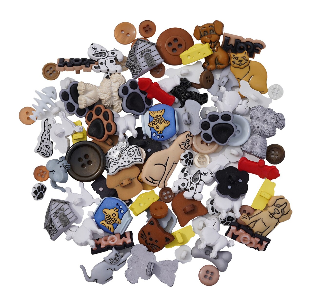 Pet-Themed Decorative Buttons and Embellishments for Sewing & Crafts, Mixed Designs with Dogs. Paw Prints, Dog Bones, Fish, and Cat Motifs, 100+ Pieces